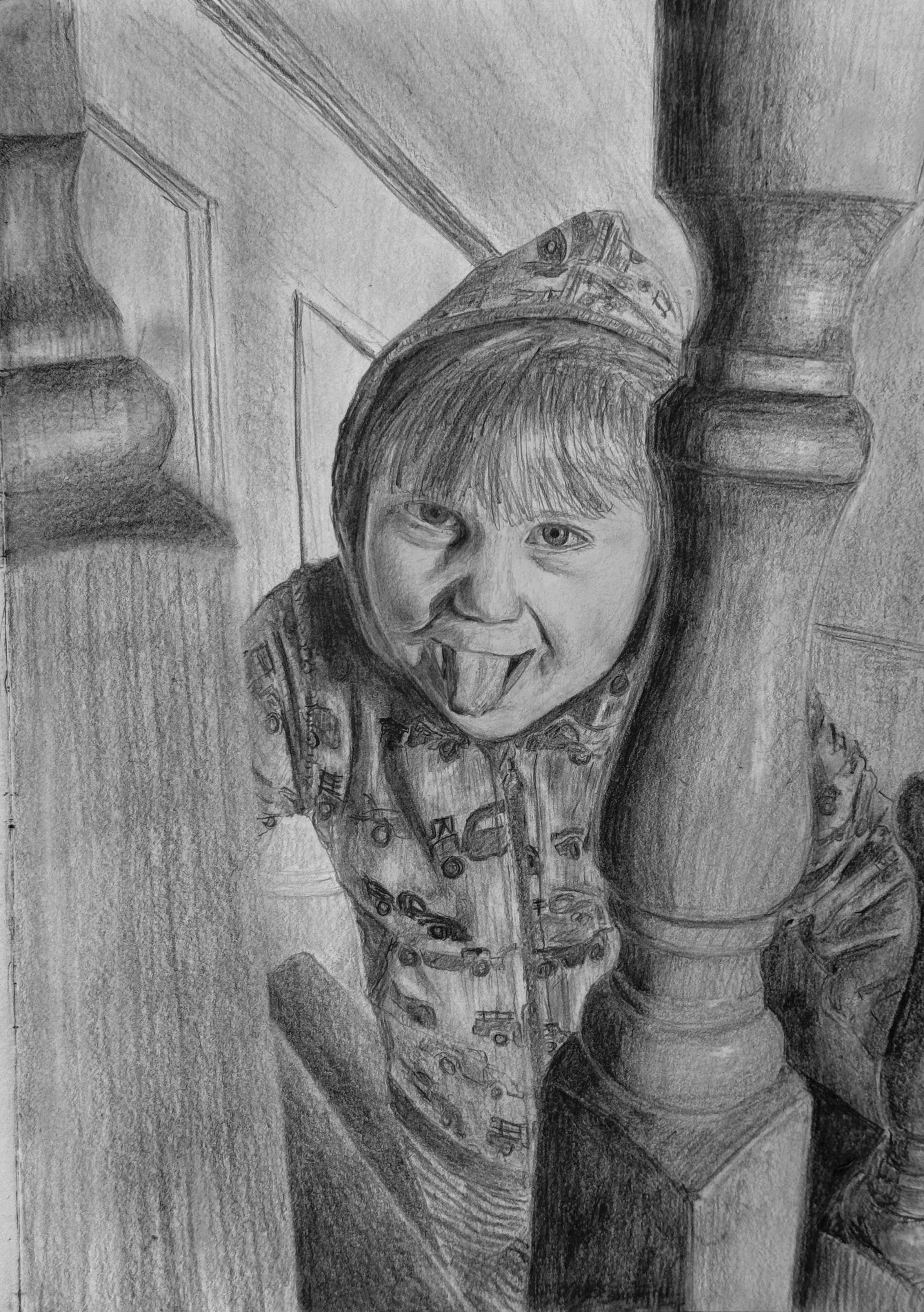 "Stairway Sneak" - Pencil Drawing Postcard